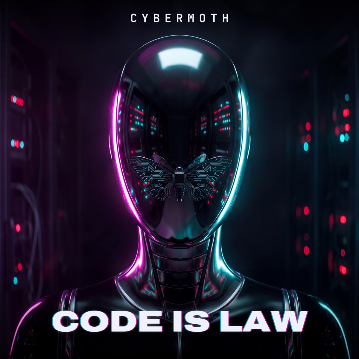 CODE IS LAW cover: a chrome moth on the mirrored face of a faceless android
