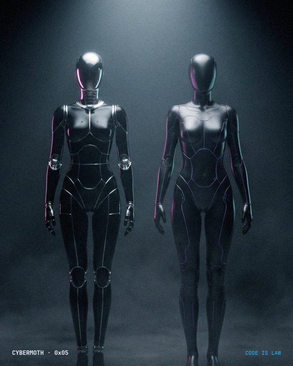 Two faceless chrome androids side by side